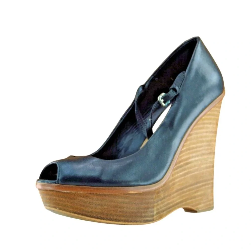 Zara Size 40 M Black Open Toe Wedge Leather Women